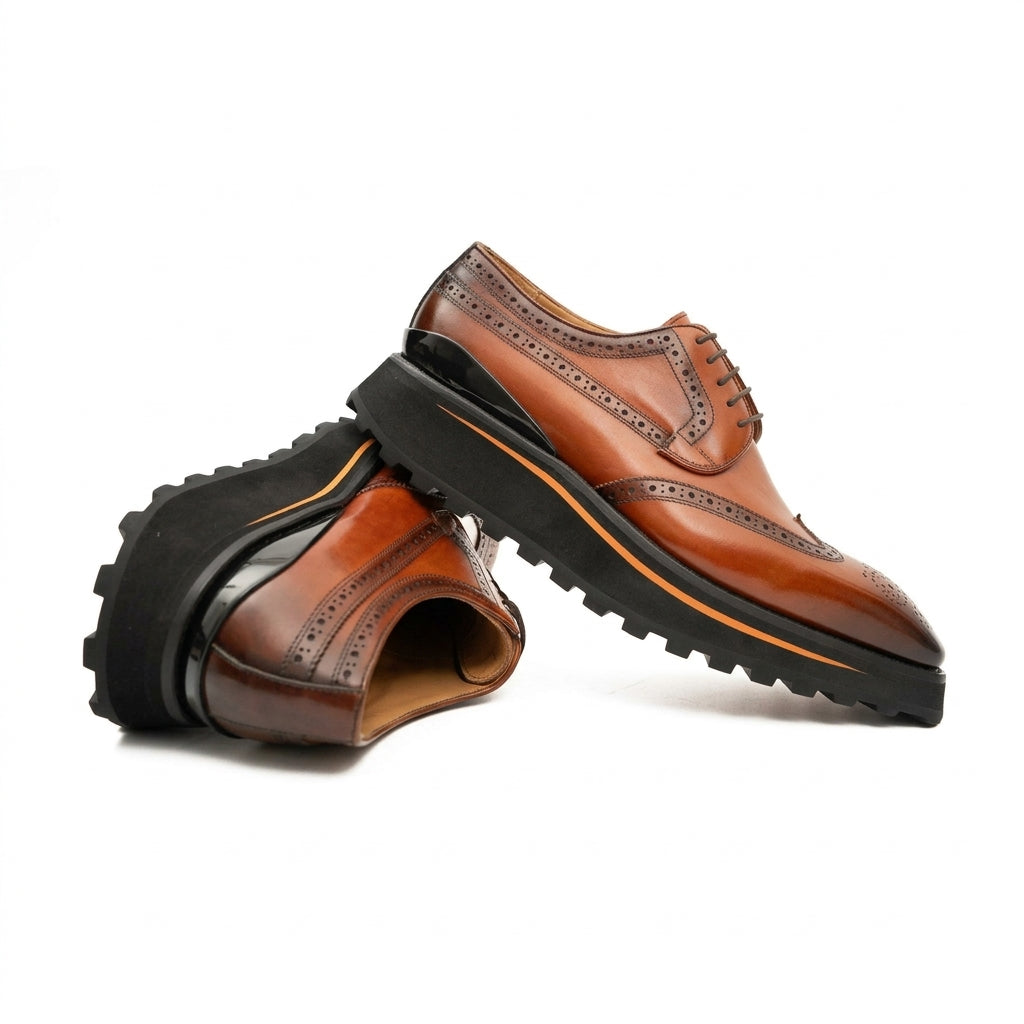 Thick-soled calfskin formal brogue derby shoes Brown